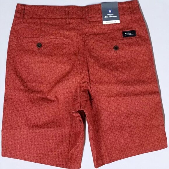 Ben Sherman Red Rust Casual Chino Shorts Regular  Fit Geometric Print NEW 32 - Picture 2 of 8